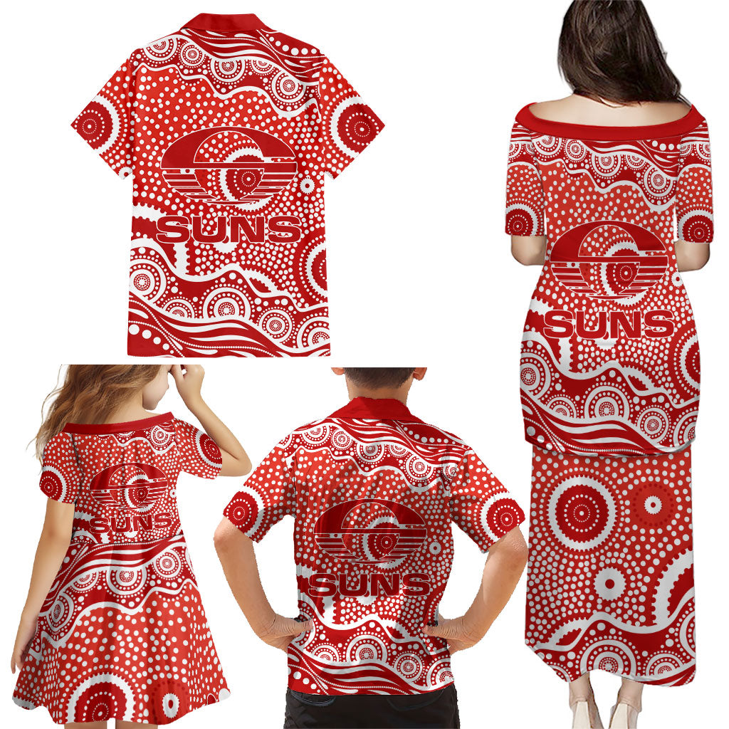 Gold Coast Suns Family Matching Puletasi and Hawaiian Shirt Aboriginal Dot Pattern - Football Mascot Heritage Pride