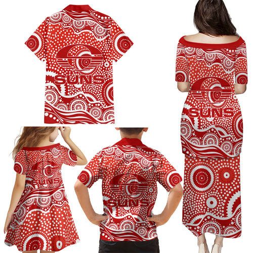 Gold Coast Suns Family Matching Puletasi and Hawaiian Shirt Aboriginal Dot Pattern - Football Mascot Heritage Pride