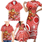 Gold Coast Suns Family Matching Short Sleeve Bodycon Dress and Hawaiian Shirt Aboriginal Dot Pattern - Football Mascot Heritage Pride