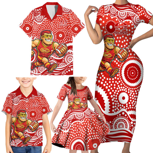 Gold Coast Suns Family Matching Short Sleeve Bodycon Dress and Hawaiian Shirt Aboriginal Dot Pattern - Football Mascot Heritage Pride