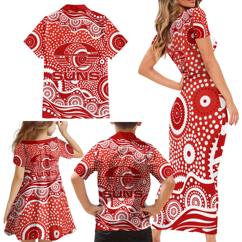 Gold Coast Suns Family Matching Short Sleeve Bodycon Dress and Hawaiian Shirt Aboriginal Dot Pattern - Football Mascot Heritage Pride