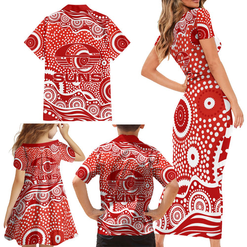 Gold Coast Suns Family Matching Short Sleeve Bodycon Dress and Hawaiian Shirt Aboriginal Dot Pattern - Football Mascot Heritage Pride