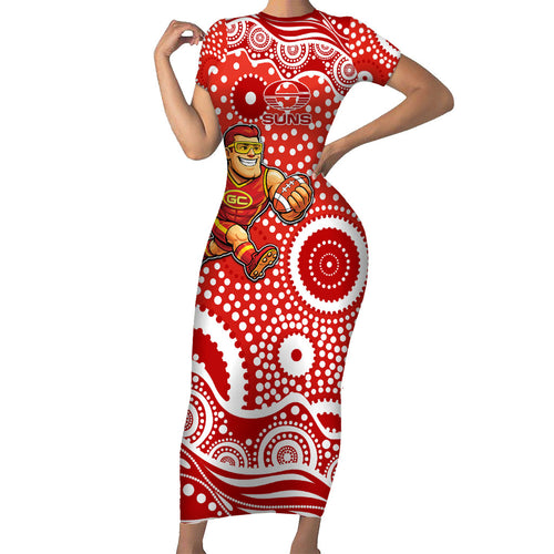 Gold Coast Suns Family Matching Short Sleeve Bodycon Dress and Hawaiian Shirt Aboriginal Dot Pattern - Football Mascot Heritage Pride