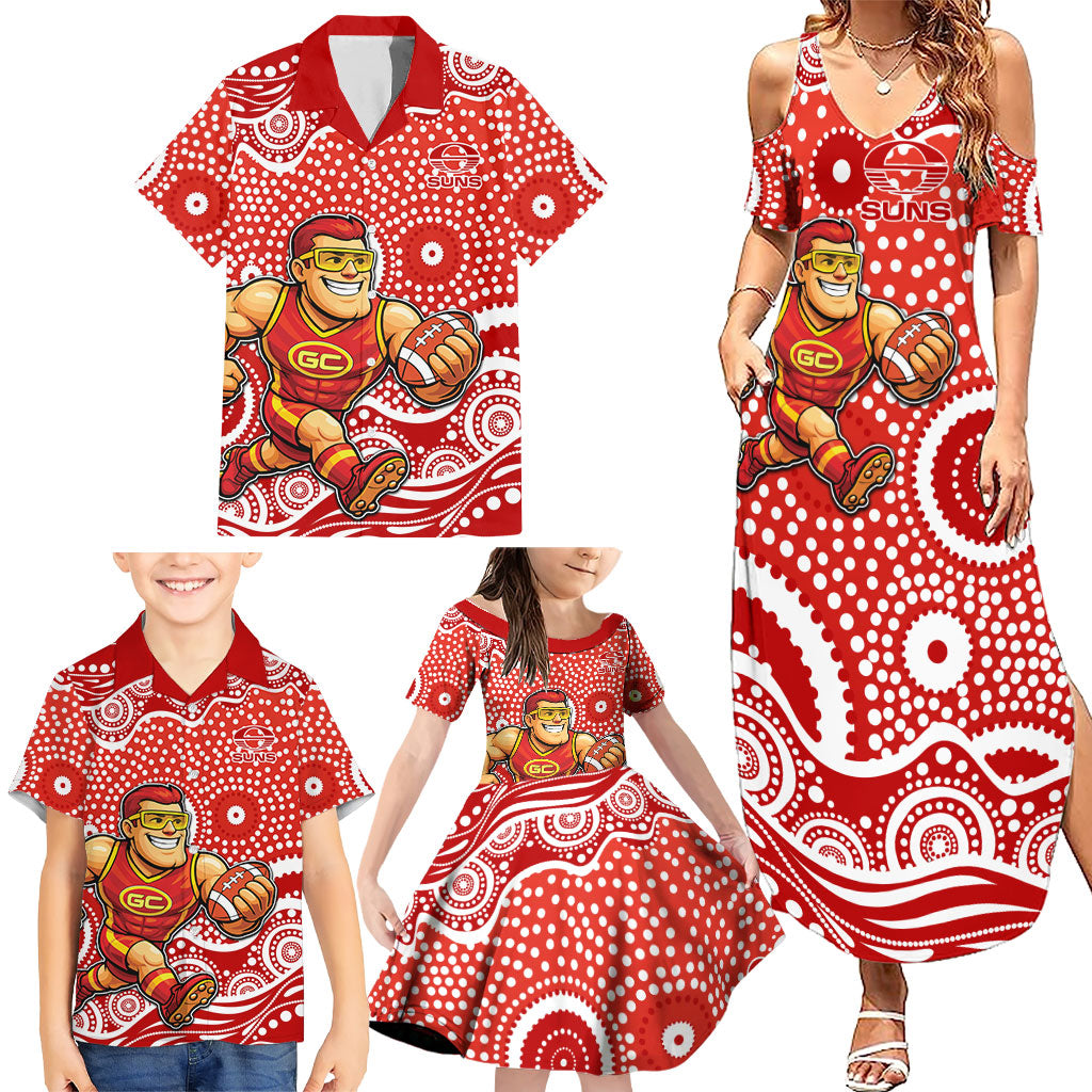 Gold Coast Suns Family Matching Summer Maxi Dress and Hawaiian Shirt Aboriginal Dot Pattern - Football Mascot Heritage Pride