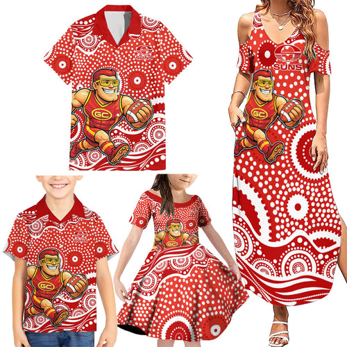 Gold Coast Suns Family Matching Summer Maxi Dress and Hawaiian Shirt Aboriginal Dot Pattern - Football Mascot Heritage Pride