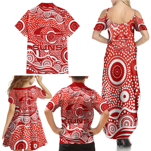 Gold Coast Suns Family Matching Summer Maxi Dress and Hawaiian Shirt Aboriginal Dot Pattern - Football Mascot Heritage Pride
