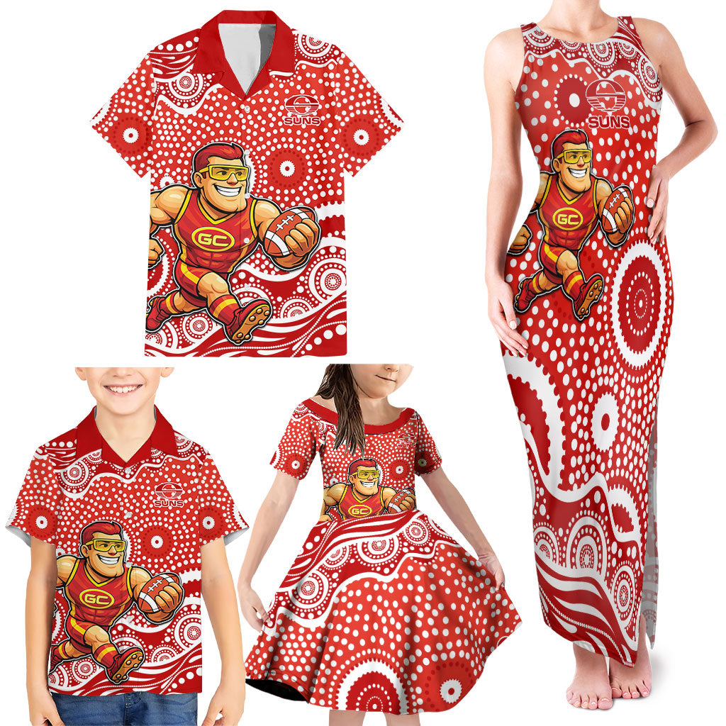 Gold Coast Suns Family Matching Tank Maxi Dress and Hawaiian Shirt Aboriginal Dot Pattern - Football Mascot Heritage Pride
