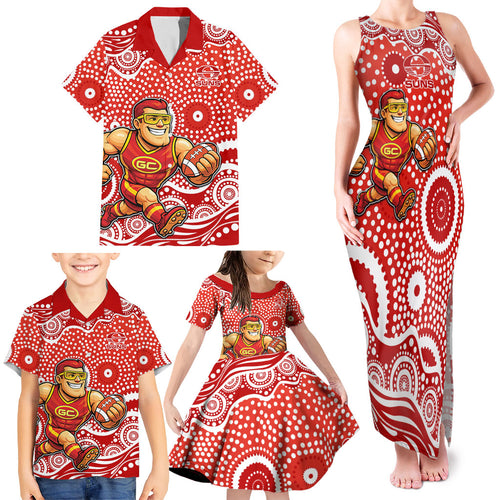 Gold Coast Suns Family Matching Tank Maxi Dress and Hawaiian Shirt Aboriginal Dot Pattern - Football Mascot Heritage Pride