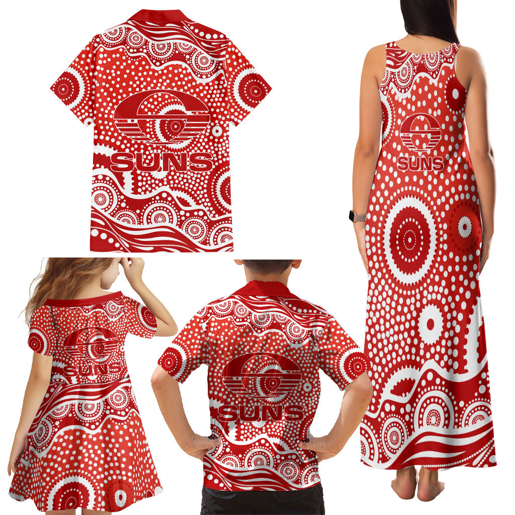 Gold Coast Suns Family Matching Tank Maxi Dress and Hawaiian Shirt Aboriginal Dot Pattern - Football Mascot Heritage Pride