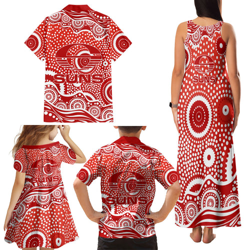 Gold Coast Suns Family Matching Tank Maxi Dress and Hawaiian Shirt Aboriginal Dot Pattern - Football Mascot Heritage Pride