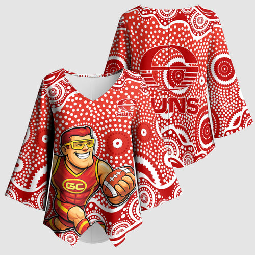 Gold Coast Suns Kimono Sleeve Blouse Aboriginal Dot Pattern - Football Mascot Heritage Pride
