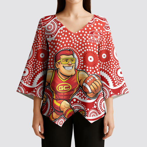 Gold Coast Suns Kimono Sleeve Blouse Aboriginal Dot Pattern - Football Mascot Heritage Pride