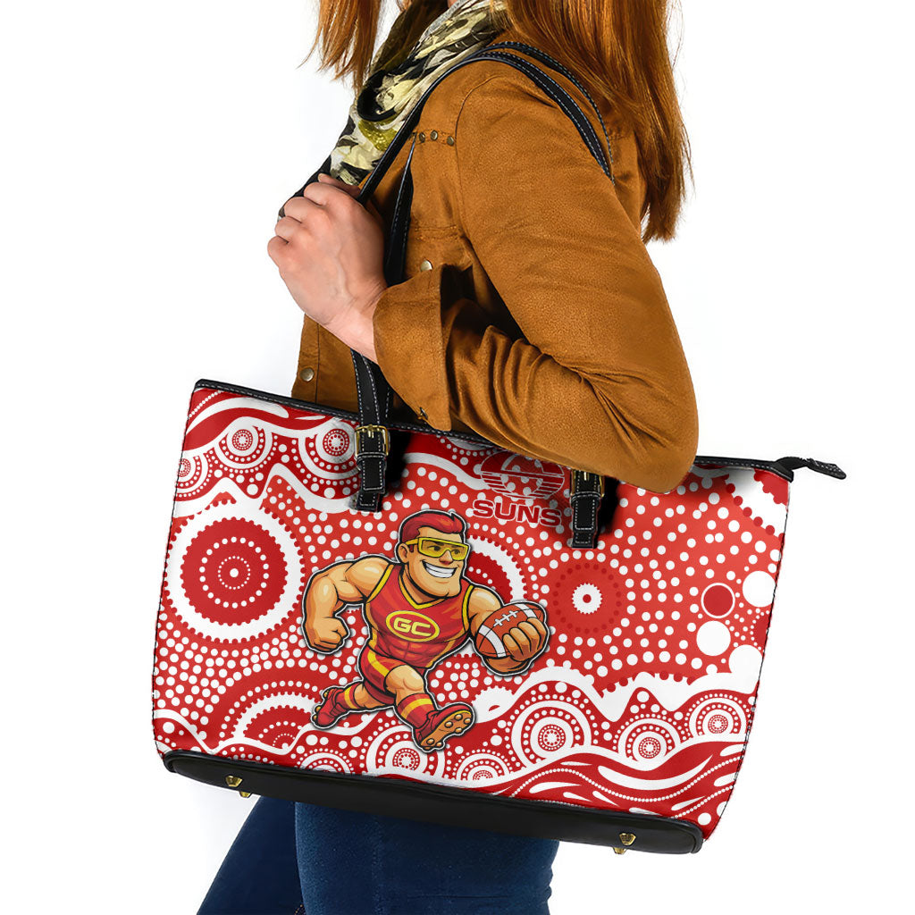 Gold Coast Suns Leather Tote Bag Aboriginal Dot Pattern - Football Mascot Heritage Pride