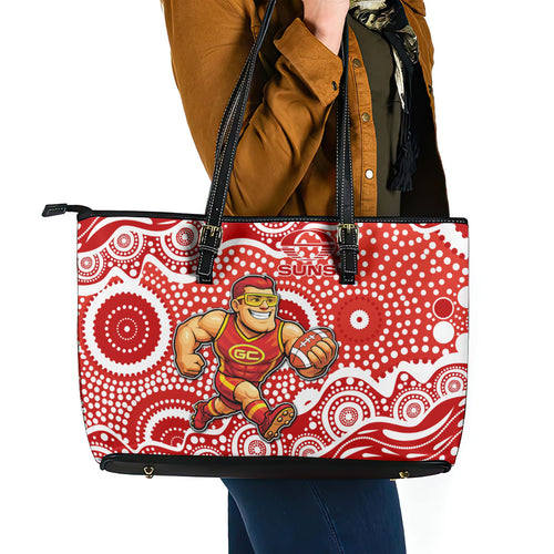 Gold Coast Suns Leather Tote Bag Aboriginal Dot Pattern - Football Mascot Heritage Pride