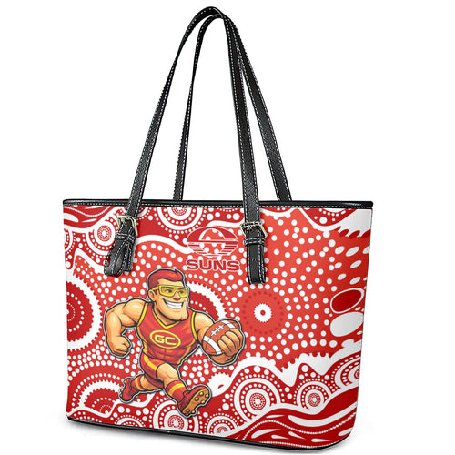 Gold Coast Suns Leather Tote Bag Aboriginal Dot Pattern - Football Mascot Heritage Pride