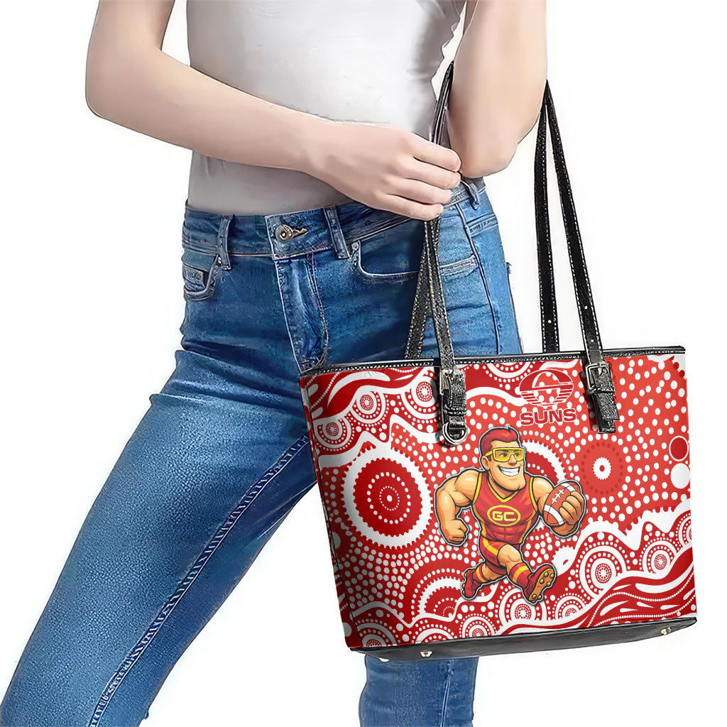 Gold Coast Suns Leather Tote Bag Aboriginal Dot Pattern - Football Mascot Heritage Pride