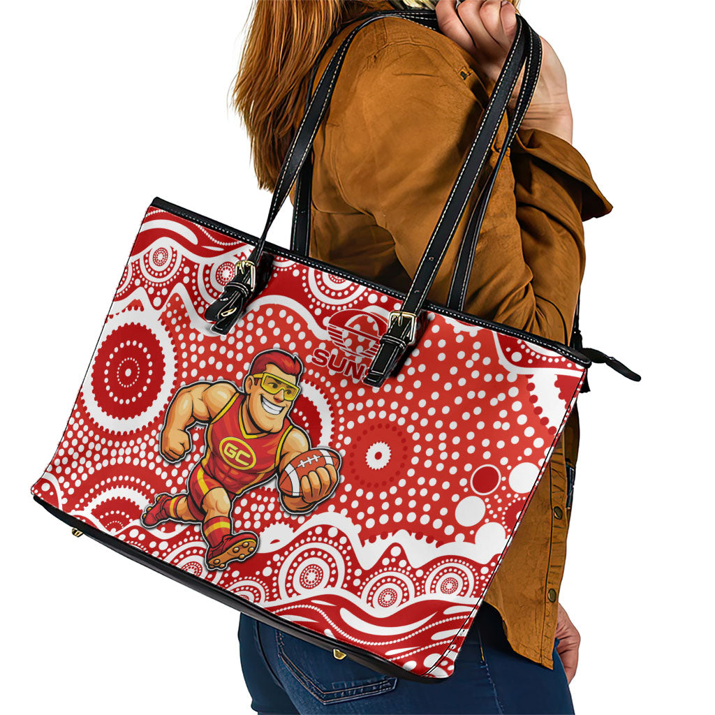 Gold Coast Suns Leather Tote Bag Aboriginal Dot Pattern - Football Mascot Heritage Pride