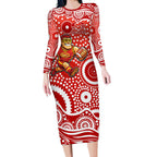 Gold Coast Suns Long Sleeve Bodycon Dress Aboriginal Dot Pattern - Football Mascot Heritage Pride