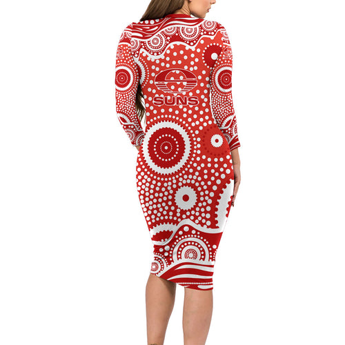 Gold Coast Suns Long Sleeve Bodycon Dress Aboriginal Dot Pattern - Football Mascot Heritage Pride