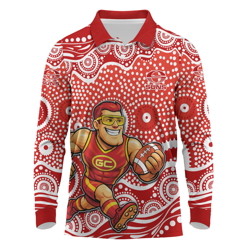 Gold Coast Suns Long Sleeve Polo Shirt Aboriginal Dot Pattern - Football Mascot Heritage Pride