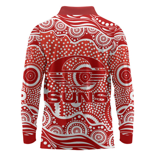 Gold Coast Suns Long Sleeve Polo Shirt Aboriginal Dot Pattern - Football Mascot Heritage Pride
