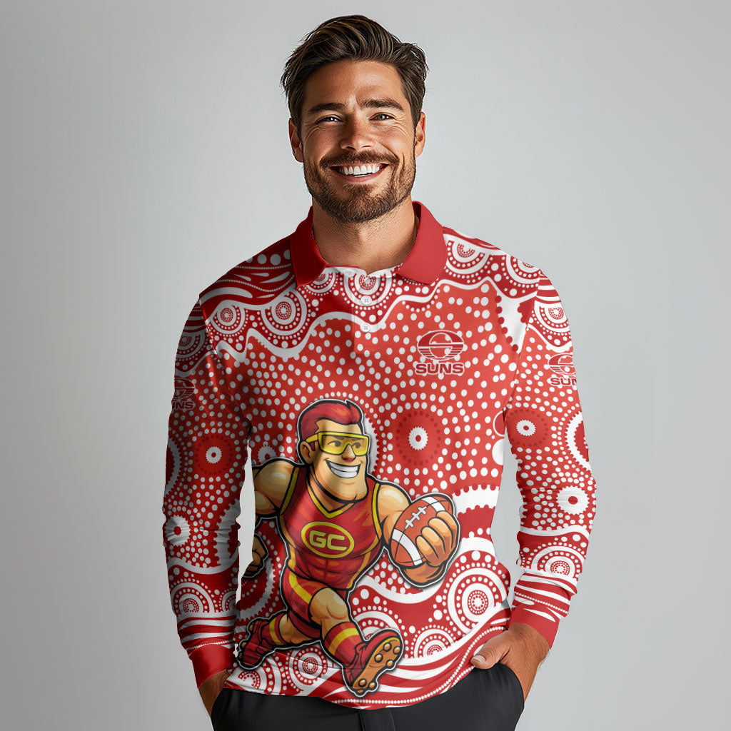 Gold Coast Suns Long Sleeve Polo Shirt Aboriginal Dot Pattern - Football Mascot Heritage Pride