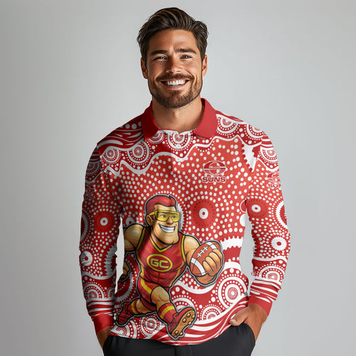 Gold Coast Suns Long Sleeve Polo Shirt Aboriginal Dot Pattern - Football Mascot Heritage Pride