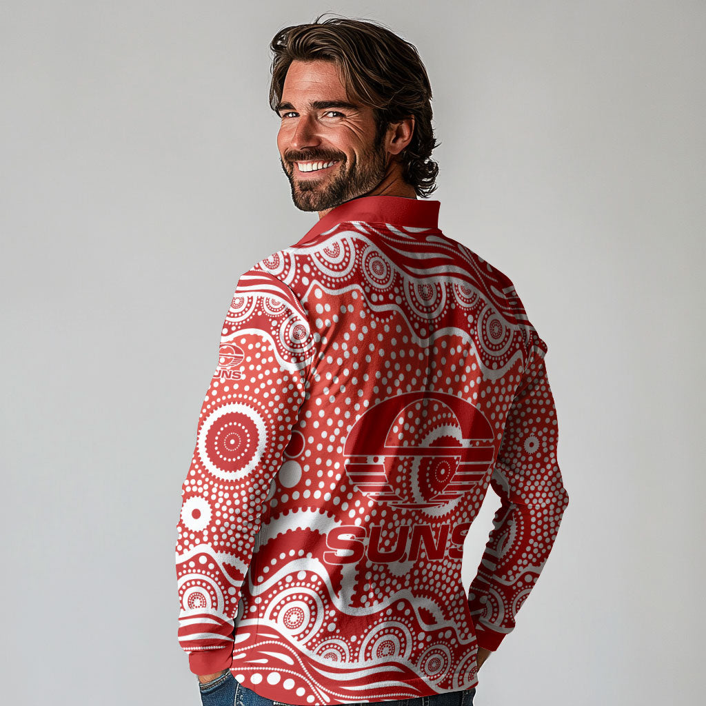 Gold Coast Suns Long Sleeve Polo Shirt Aboriginal Dot Pattern - Football Mascot Heritage Pride