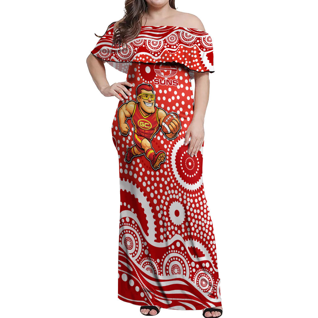 Gold Coast Suns Off Shoulder Maxi Dress Aboriginal Dot Pattern - Football Mascot Heritage Pride