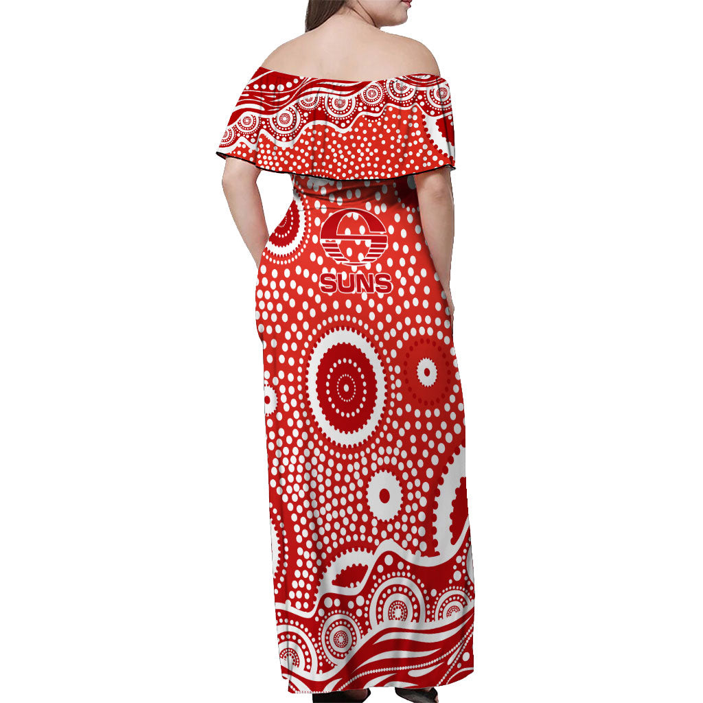 Gold Coast Suns Off Shoulder Maxi Dress Aboriginal Dot Pattern - Football Mascot Heritage Pride
