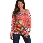 Gold Coast Suns Off Shoulder Sweater Aboriginal Dot Pattern - Football Mascot Heritage Pride