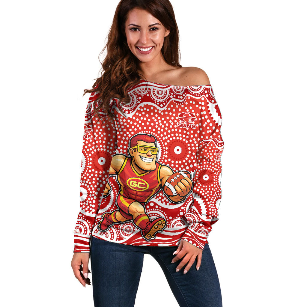Gold Coast Suns Off Shoulder Sweater Aboriginal Dot Pattern - Football Mascot Heritage Pride