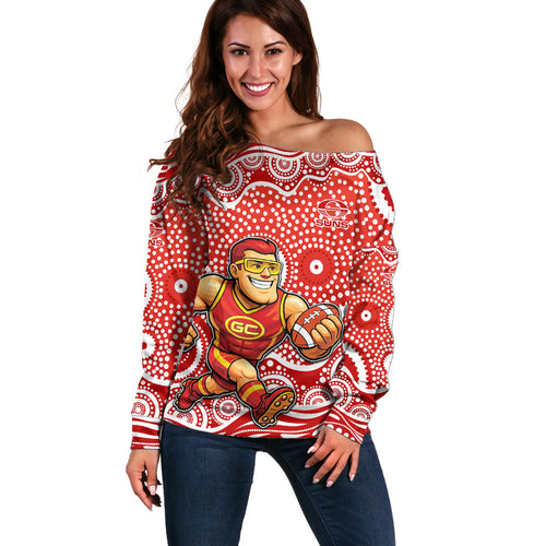 Gold Coast Suns Off Shoulder Sweater Aboriginal Dot Pattern - Football Mascot Heritage Pride