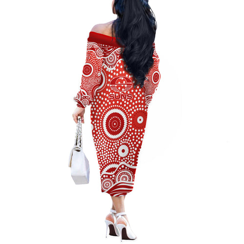 Gold Coast Suns Off The Shoulder Long Sleeve Dress Aboriginal Dot Pattern - Football Mascot Heritage Pride