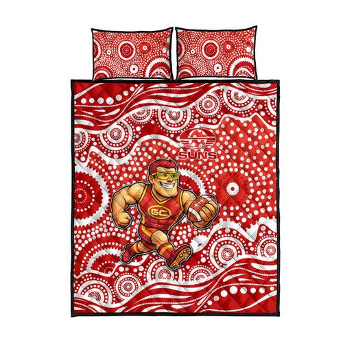 Gold Coast Suns Quilt Bed Set Aboriginal Dot Pattern - Football Mascot Heritage Pride