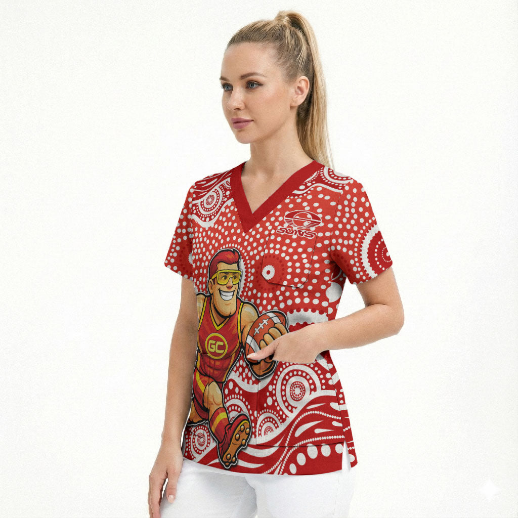 Gold Coast Suns Scrub Top Aboriginal Dot Pattern - Football Mascot Heritage Pride