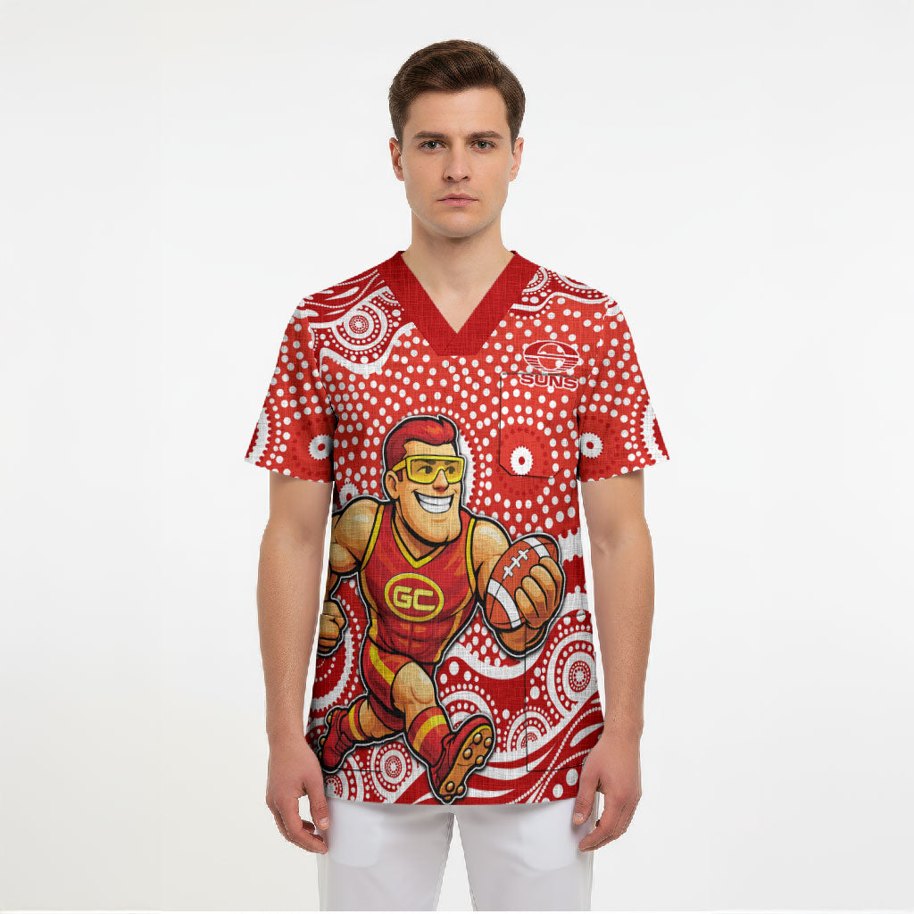 Gold Coast Suns Scrub Top Aboriginal Dot Pattern - Football Mascot Heritage Pride