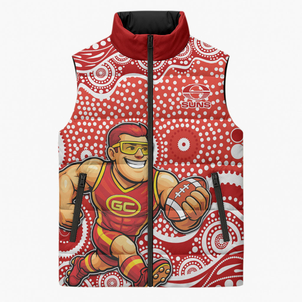 Gold Coast Suns Sleeveless Puffer Jacket Aboriginal Dot Pattern - Football Mascot Heritage Pride