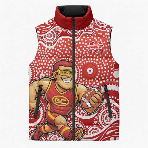 Gold Coast Suns Sleeveless Puffer Jacket Aboriginal Dot Pattern - Football Mascot Heritage Pride