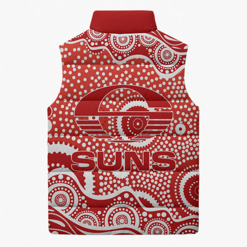 Gold Coast Suns Sleeveless Puffer Jacket Aboriginal Dot Pattern - Football Mascot Heritage Pride