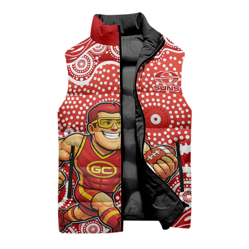 Gold Coast Suns Sleeveless Puffer Jacket Aboriginal Dot Pattern - Football Mascot Heritage Pride