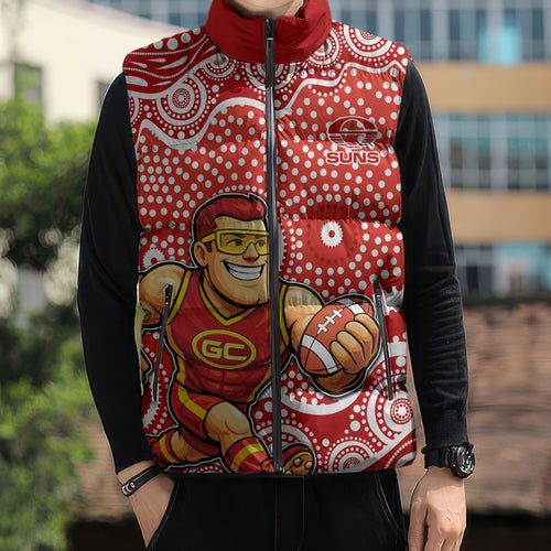 Gold Coast Suns Sleeveless Puffer Jacket Aboriginal Dot Pattern - Football Mascot Heritage Pride