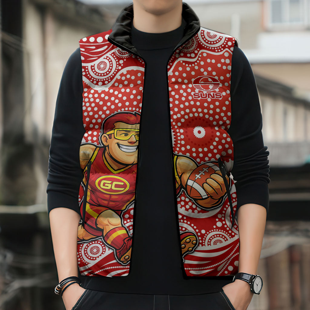 Gold Coast Suns Sleeveless Puffer Jacket Aboriginal Dot Pattern - Football Mascot Heritage Pride