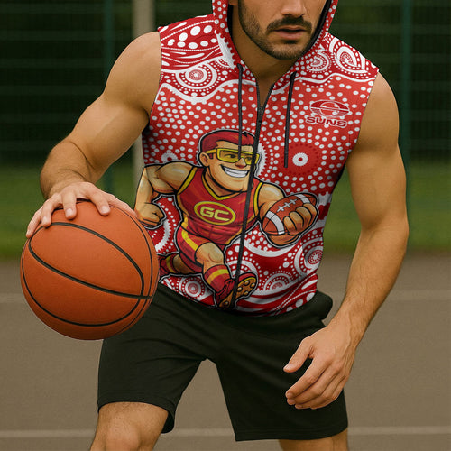 Gold Coast Suns Sleeveless Zip Hoodie Aboriginal Dot Pattern - Football Mascot Heritage Pride
