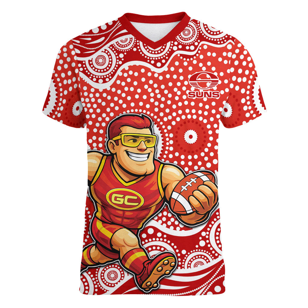 Gold Coast Suns Women V-Neck T-Shirt Aboriginal Dot Pattern - Football Mascot Heritage Pride