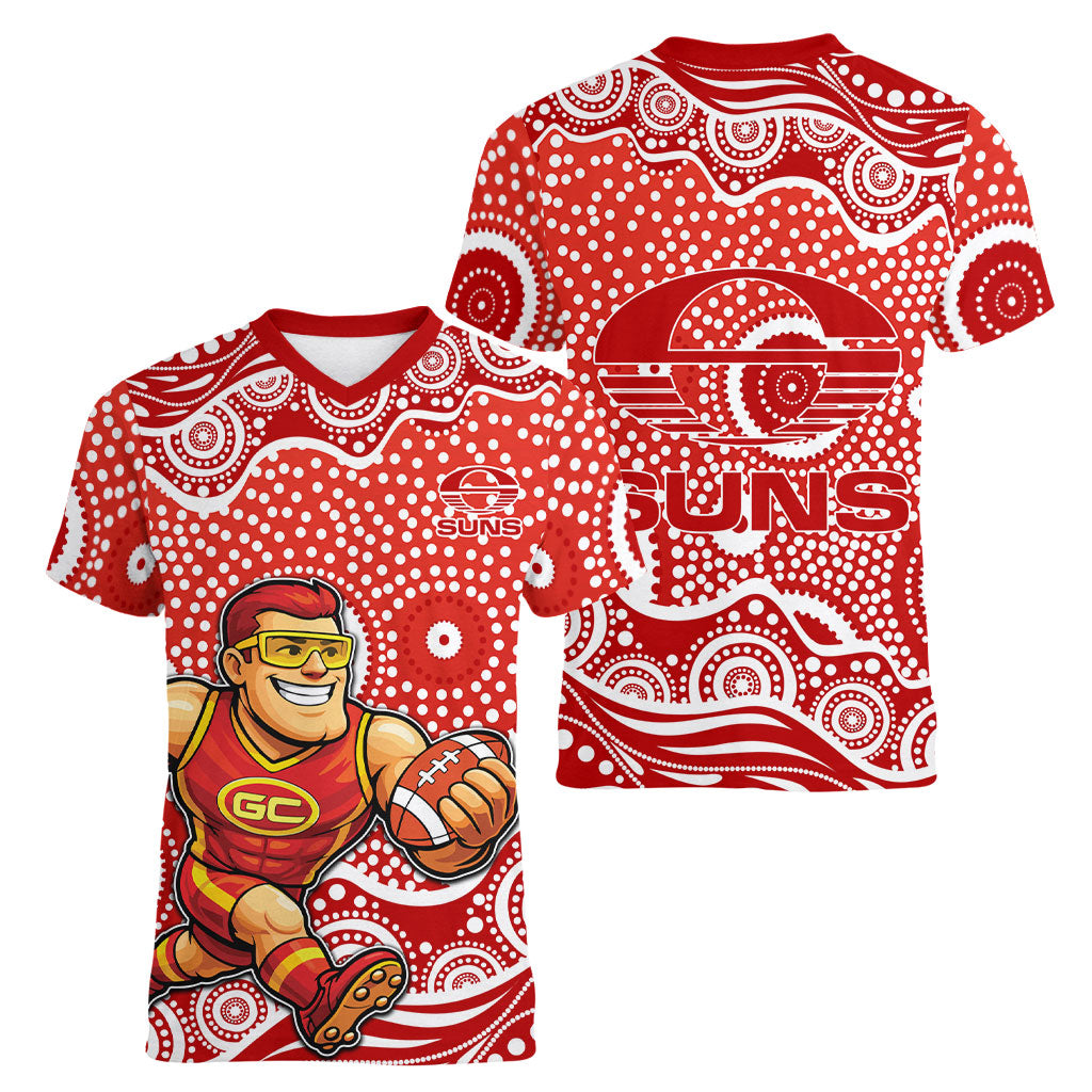 Gold Coast Suns Women V-Neck T-Shirt Aboriginal Dot Pattern - Football Mascot Heritage Pride