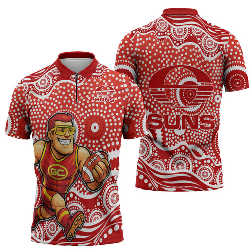 Gold Coast Suns Zipper Polo Shirt Aboriginal Dot Pattern - Football Mascot Heritage Pride