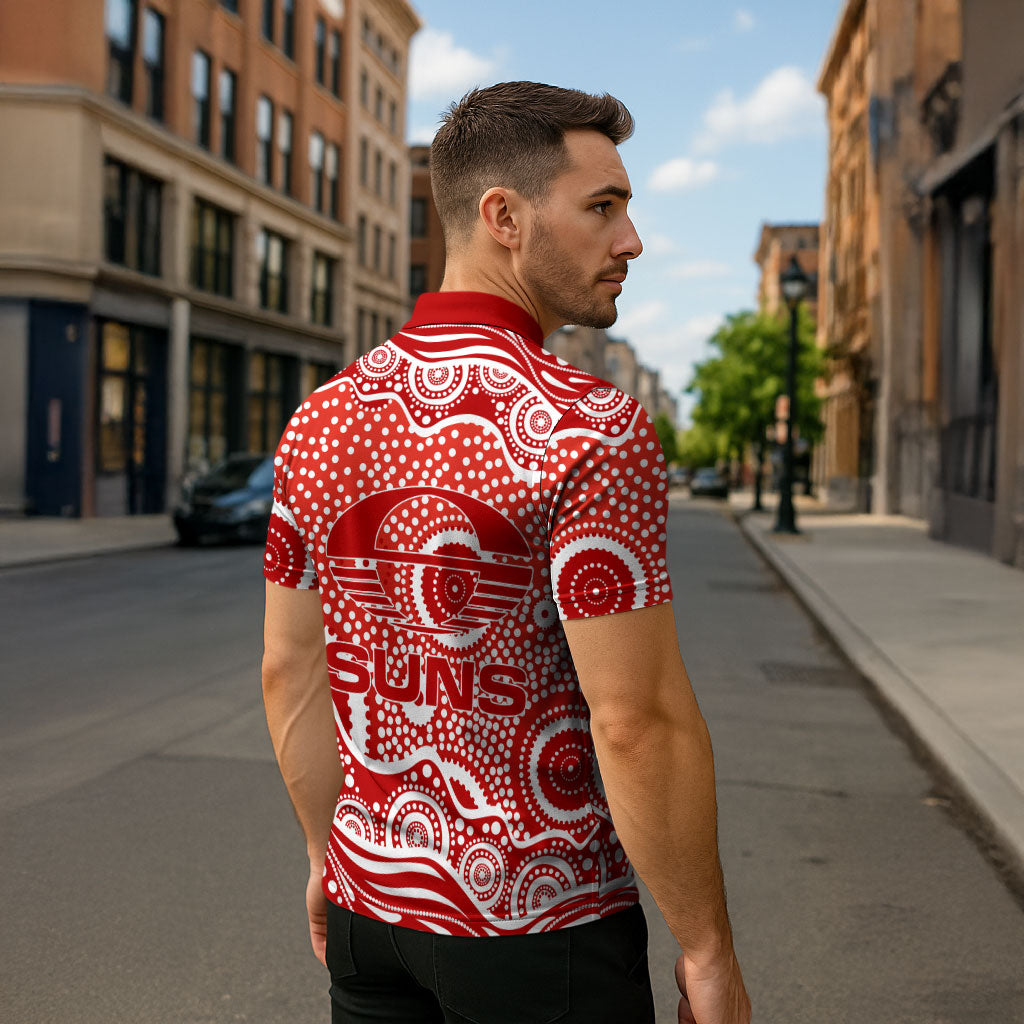 Gold Coast Suns Zipper Polo Shirt Aboriginal Dot Pattern - Football Mascot Heritage Pride