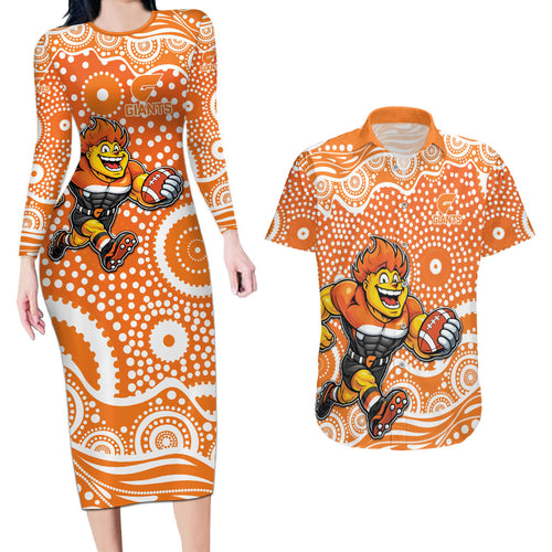 Greater Western Sydney Giants Couples Matching Long Sleeve Bodycon Dress and Hawaiian Shirt Aboriginal Dot Pattern - Football Mascot Heritage Pride