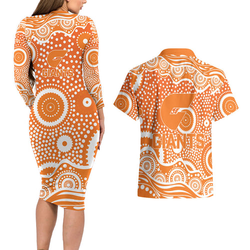 Greater Western Sydney Giants Couples Matching Long Sleeve Bodycon Dress and Hawaiian Shirt Aboriginal Dot Pattern - Football Mascot Heritage Pride
